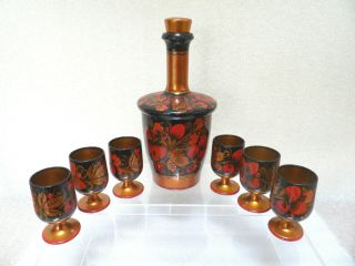 Vintage Russian Khokhloma Lacquer Decanter 7 - Piece Set Hand Painted Wooden