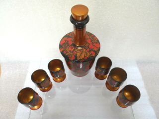 Vintage Russian Khokhloma Lacquer Decanter 7 - piece Set Hand Painted Wooden 2