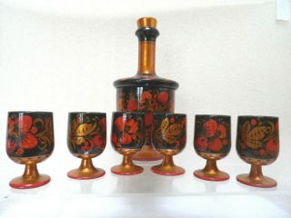 Vintage Russian Khokhloma Lacquer Decanter 7 - piece Set Hand Painted Wooden 3