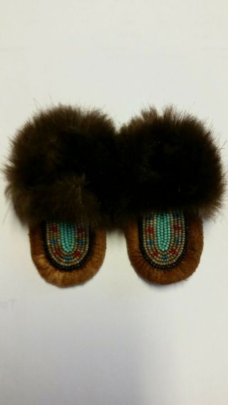 Dene Tribe Miniature Moccasins With Beadwork & Beaver Fur Trim By Lucy Ann Yakel
