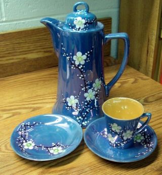 Vtg Japan Moriyama Mori - Machi Blue & Peach Lustreware Coffee Tea Pot Cup Saucer