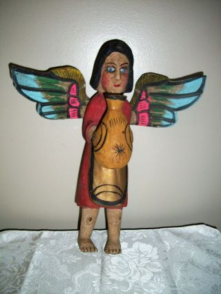 Vintage Mexican Folk Art Carved Wood Guerrero Woman Girl Angel Wings 13 "