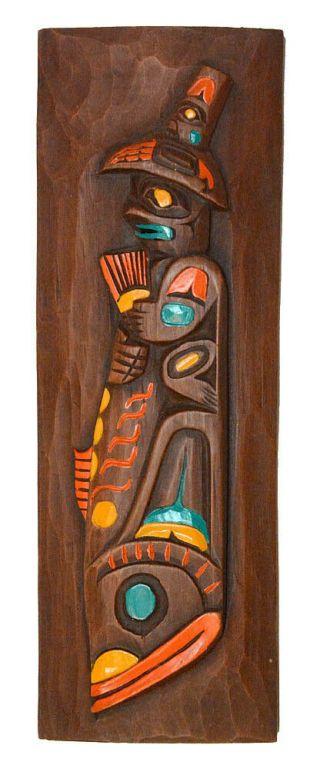 Vintage Native American Hand Carved Wood Totem Pole Plaque Kiana W/origtag