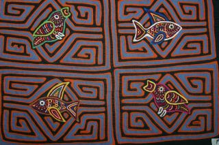 Kuna Abstract Traditional Mola Hand Stitched Applique Bird & Fish Maze Art 81b