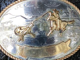 Vtg Tony Lama German Silver & Brass Western Calf Roping Belt Buckle