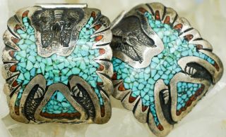 Vtg Navajo Sterling Silver & Inlaid Turquoise & Coral Phoenix Watch Tips Wow 6