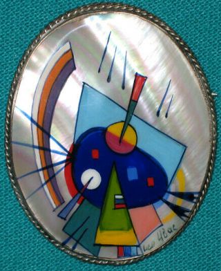 Unique " Kandinsky " Russian Hand Painted Fedoskino Mother - Of - Pearl Brooch
