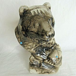 Navajo Native American Horse Hair Pottery Bear Bust Sculpture Signed T Vail Jr