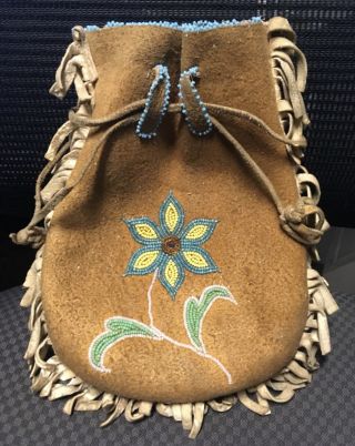 Wonderful Old Native American Indian Beaded Hide Pouch Bag