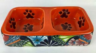 13 " Dog Cat Water Food Feeder Bowl Mexican Talavera Ceramic Pottery Lead