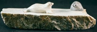 Soapstone Carving 2 Seals On An Ice Shelf One Getting On Signed Ben Saclamana