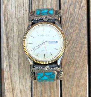 Zuni Artist Francis Leekia Sterling Silver & Turquoise Inlay Watch Cuff