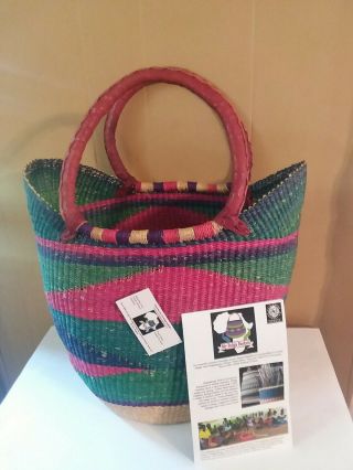 My Bolga Baskets Large Straw Basket Hand Made In West Africa Leather Handles