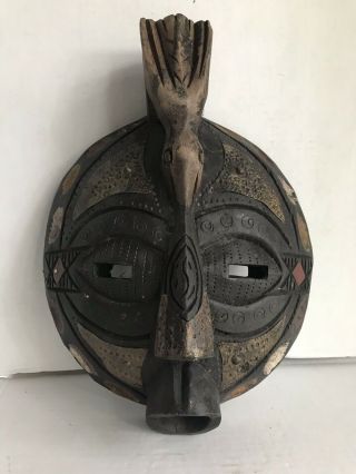 African Moon Face Mask Bird Very Rustic Tribal Primitive Aged Wood Hand Carved