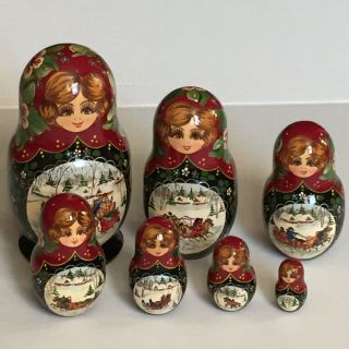 Russian Matryoshka Nesting Doll Hand Painted Wood 7 Piece Winter Sleigh & Floral