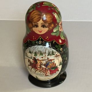 Russian Matryoshka Nesting Doll hand painted wood 7 piece winter sleigh & floral 2