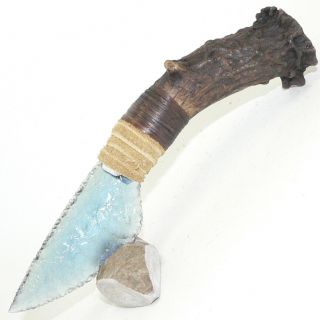 Blue Fiber Optic Glass Knife W/ Antiqued Antler Handle Knapping By Bo Earls