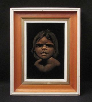 Vintage Aboriginal Child Painting On Velvet Signed Australiana Barsony Era