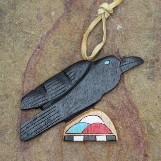 Zuni Folk Art - Raven With Rain Clouds Wall Hanging By Alan Lewis - Native American