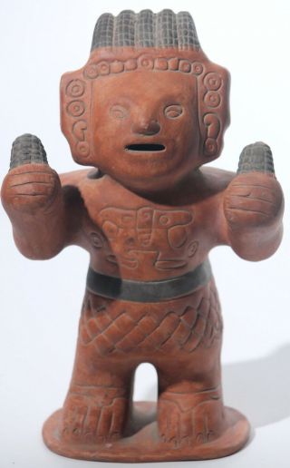 Mexican Ceramic Figurine Of Mayan Man W Corn Head Piece & Holding Maize