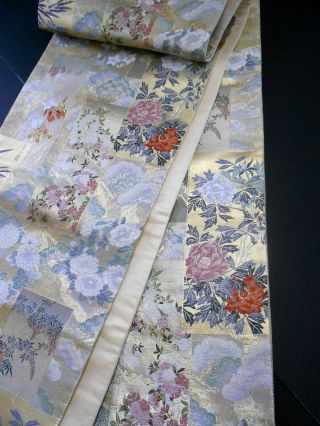 Japanese Kimono Silk Fukuro Obi,  Rokutu,  Nishijin,  Gold Thread,  Leaf,  L 170 ".  840