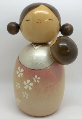 Japanese Woody Craft Large 7 - 1/2 " Kokeshi Doll Mother W/ Baby Child (rf988)