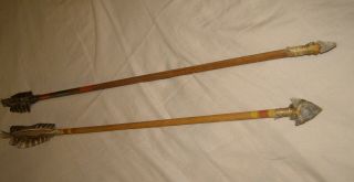 2 Handcrafted Native American Wooden Arrows W/ Stone Arrowhead Feathers Cherokee