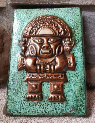 Vtg Hammered Copper Aztec God Embossed Wall Hanging Art Figure Applied Patina