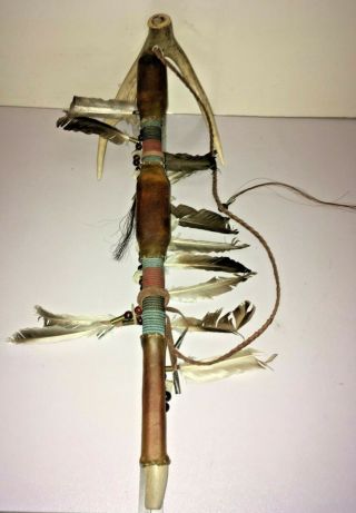 Vintage Native Indian Hand Made Medicine Man Ritual Dance Stick - Wood Antler