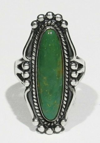 Big Old 30s Signed Navajo 925 Silver Nat Green Cerrillos Turquoise Ring 6.  5 Bell