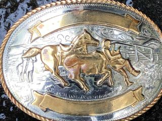 Tony Lama German Silver Belt Buckle Steer Wrestling 3 3/4” Rodeo