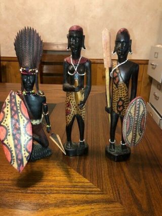 3 Ebony African Figures Wood Carving African Sculptures,  Statues Male & Female