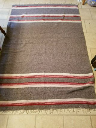 Vintage Mexican Blanket - Striped With Fringe - Gray And Red - Large