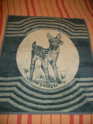 San Marcos Blanket Vtg Blue Fawn Baby Deer 49x42 W/tag Geometric