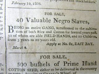 1803 Charleston SOUTH CAROLINA newspaper w two ADS for the of NEGR0 SLAVES 3