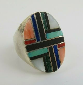 Big Cast Sterling Silver Native American Navajo Zuni Turquoise Inlay Ring Sz 12