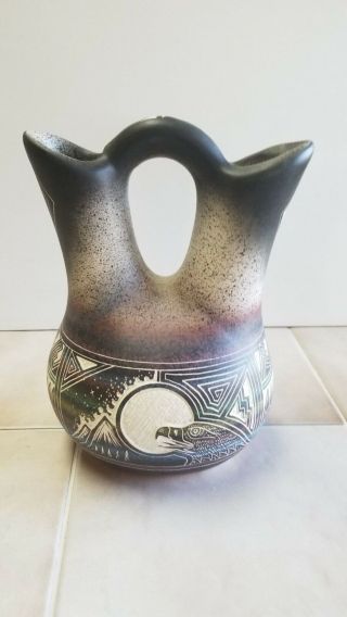 Indian Wedding Vase Signed Harrison Tom Navajo Dated 1998 Etched & Painted Eagle
