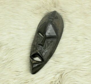 Vintage Ghana Ashanti African Tribal Art Wall Mask Hand Carved Wood & Metal 17 "