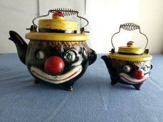 Americana Black Clown Face Large Teapot & Creamer Thames Tilso 1940s Ethnic