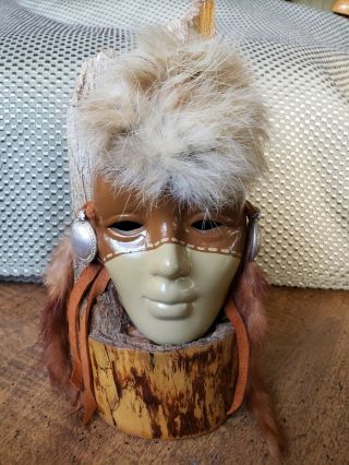 Indian Ceramic Mask Signed Trimmed With Two Types Of Fur Leather Metal Base Wood
