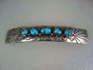 Vintage Navajo Stamped Sterling Silver & 5 Turquoise Barrette Hair Ornament