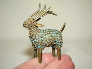 Old Tibetan Nepalese Brass Turquoise & Coral Inlaid Miniature Deer Figurine