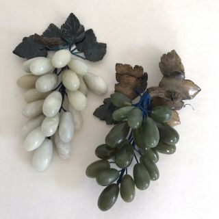2 Vintage Chinese Jade Green Grape Clusters With Stone Leaves