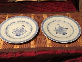 2 Asian Porcelain Blue & White Flower Translucent Rice Eyes 9 " Dinner Plates