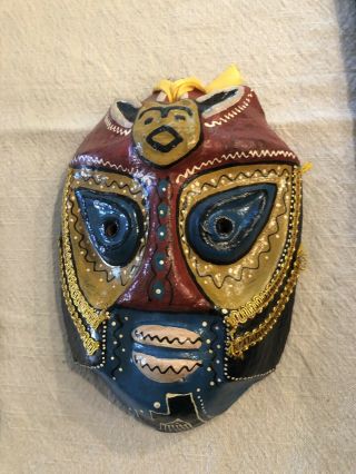 Vintage Mexican Folk Art Mask,  Colorful Handmade Wood Face