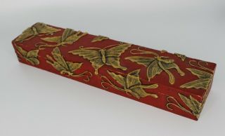 Vintage Carved Stone Chopstick Box,  Red With Butterflies