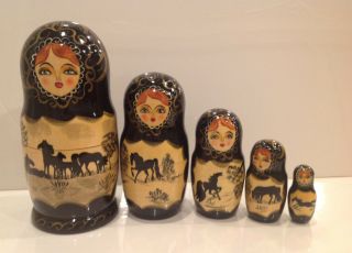 Russian Matryoshka 5 Nesting Doll Set " Horses " Crafts Hand Painted 7 " H