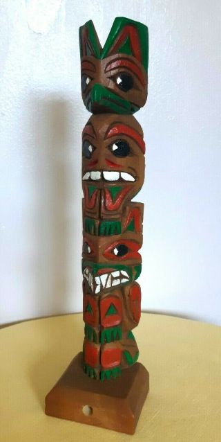 Vintage Hand Carved Painted Alaska Potlatch Wood Totem Pole 12.  5 " Marked