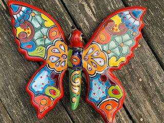 Mariposa Butterfly Ceramic Painted Wall Art Mexican Talavera 14x12x1 Red R1