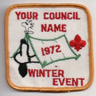 A Bsa Patch,  " Your Council Name " National Office Sample 1972,  Snoopy & Woodstock